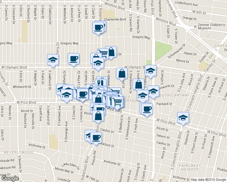 map of restaurants, bars, coffee shops, grocery stores, and more near 1142 South Shenandoah Street in Los Angeles