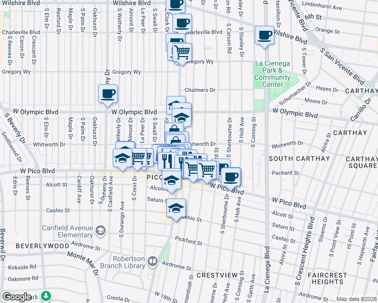 map of restaurants, bars, coffee shops, grocery stores, and more near 1137 South Wooster Street in Los Angeles