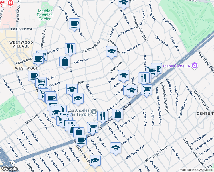 map of restaurants, bars, coffee shops, grocery stores, and more near 10633 Kinnard Avenue in Los Angeles