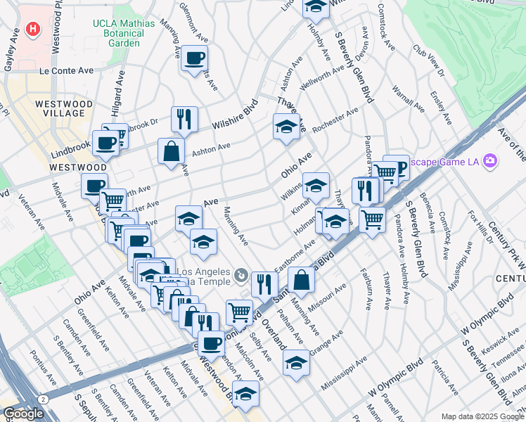 map of restaurants, bars, coffee shops, grocery stores, and more near 10633 Kinnard Avenue in Los Angeles