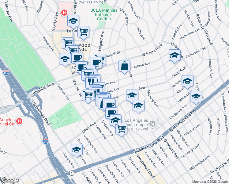 map of restaurants, bars, coffee shops, grocery stores, and more near 10821 Wilkins Avenue in Los Angeles