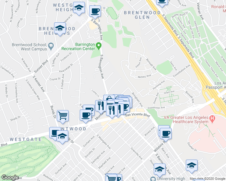 map of restaurants, bars, coffee shops, grocery stores, and more near 708 South Barrington Avenue in Los Angeles