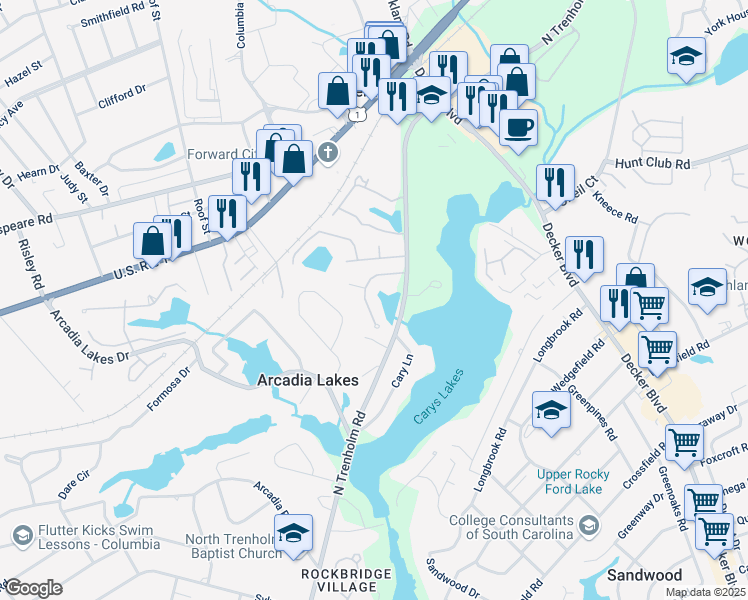 map of restaurants, bars, coffee shops, grocery stores, and more near 23 Ashworth Lane in Columbia