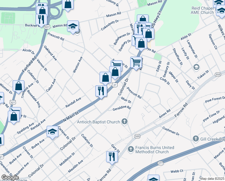 map of restaurants, bars, coffee shops, grocery stores, and more near 5800 North Main Street in Columbia