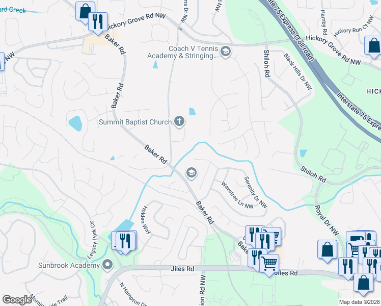 map of restaurants, bars, coffee shops, grocery stores, and more near 2260 Serenity Drive Northwest in Acworth