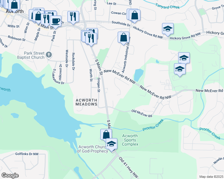 map of restaurants, bars, coffee shops, grocery stores, and more near 4145 Dustin Drive Northwest in Acworth
