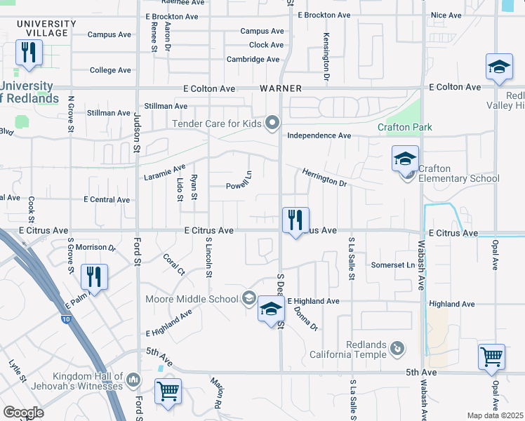 map of restaurants, bars, coffee shops, grocery stores, and more near 1575 Christopher Lane in Redlands