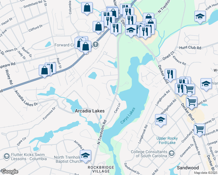 map of restaurants, bars, coffee shops, grocery stores, and more near 23 Ashworth Lane in Columbia