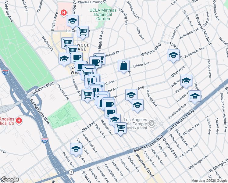 map of restaurants, bars, coffee shops, grocery stores, and more near 10821 Wilkins Avenue in Los Angeles
