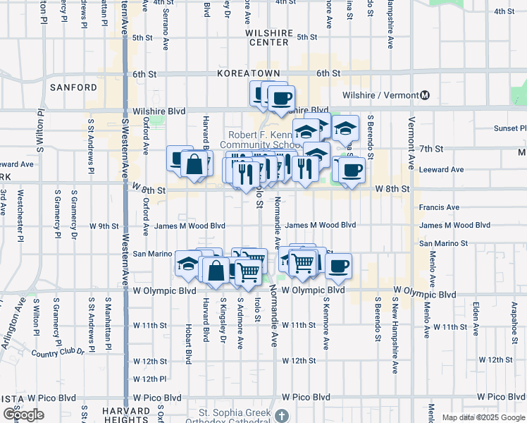 map of restaurants, bars, coffee shops, grocery stores, and more near 3219 James M Wood Boulevard in Los Angeles