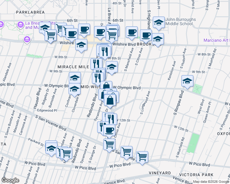 map of restaurants, bars, coffee shops, grocery stores, and more near 1039 South Orange Drive in Los Angeles