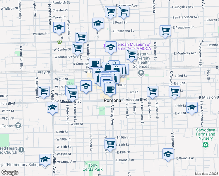 map of restaurants, bars, coffee shops, grocery stores, and more near 400 South Garey Avenue in Pomona