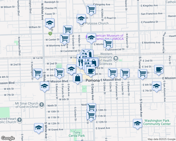 map of restaurants, bars, coffee shops, grocery stores, and more near 395 South Thomas Street in Pomona