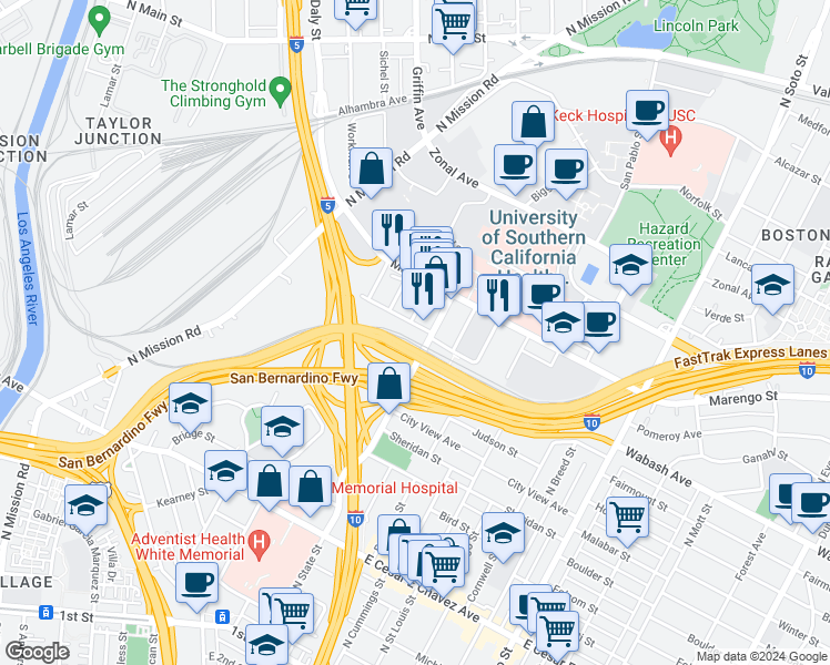 map of restaurants, bars, coffee shops, grocery stores, and more near 1836 Pomeroy Avenue in Los Angeles