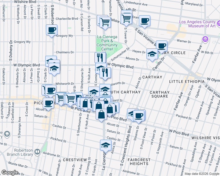 map of restaurants, bars, coffee shops, grocery stores, and more near 1109 South Alfred Street in Los Angeles
