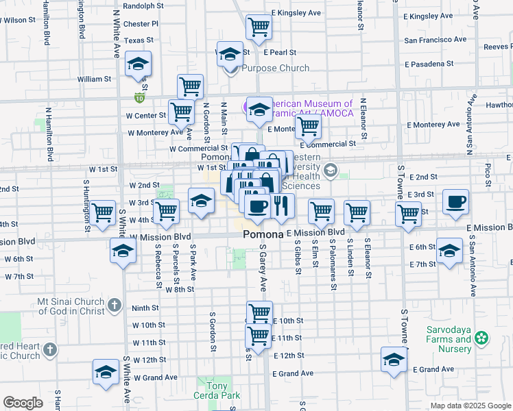 map of restaurants, bars, coffee shops, grocery stores, and more near 400 South Garey Avenue in Pomona