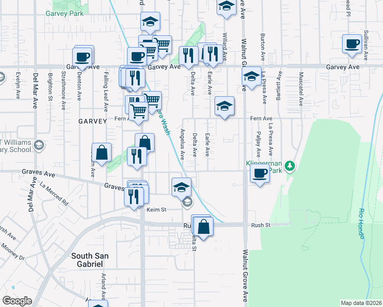 map of restaurants, bars, coffee shops, grocery stores, and more near 2416 Delta Avenue in Rosemead