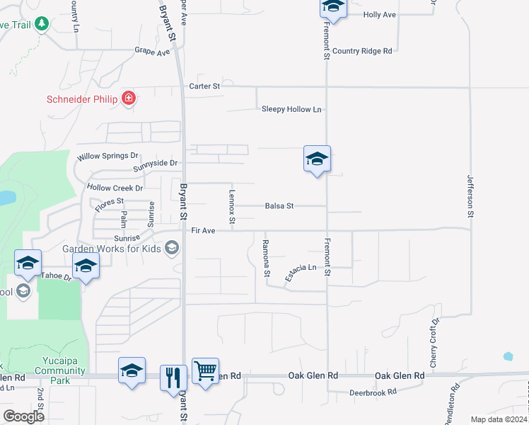 map of restaurants, bars, coffee shops, grocery stores, and more near 35525 Balsa Street in Yucaipa