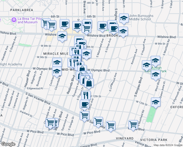 map of restaurants, bars, coffee shops, grocery stores, and more near 1015 South Mansfield Avenue in Los Angeles