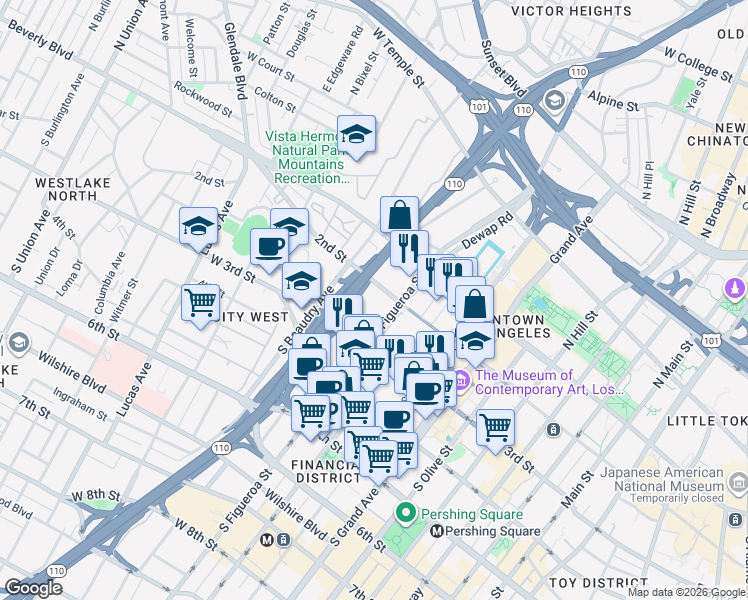 map of restaurants, bars, coffee shops, grocery stores, and more near 221 South Figueroa Street in Los Angeles