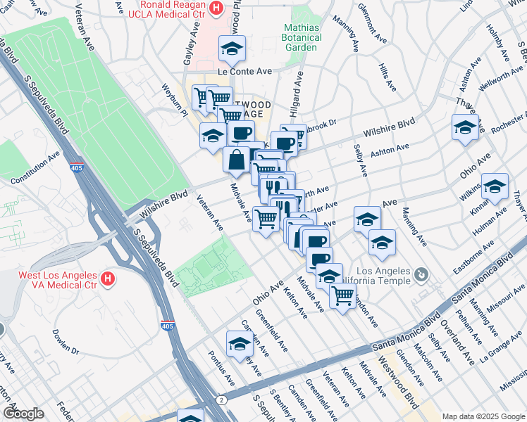 map of restaurants, bars, coffee shops, grocery stores, and more near 10910 Wellworth Avenue in Los Angeles