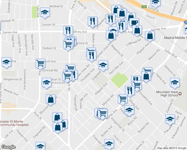 map of restaurants, bars, coffee shops, grocery stores, and more near 2535 Cogswell Road in El Monte
