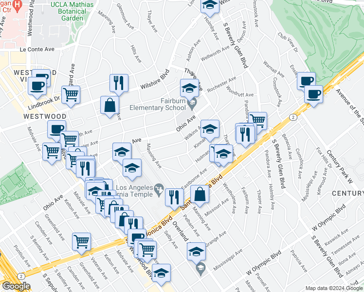 map of restaurants, bars, coffee shops, grocery stores, and more near 10608 Wilkins Avenue in Los Angeles