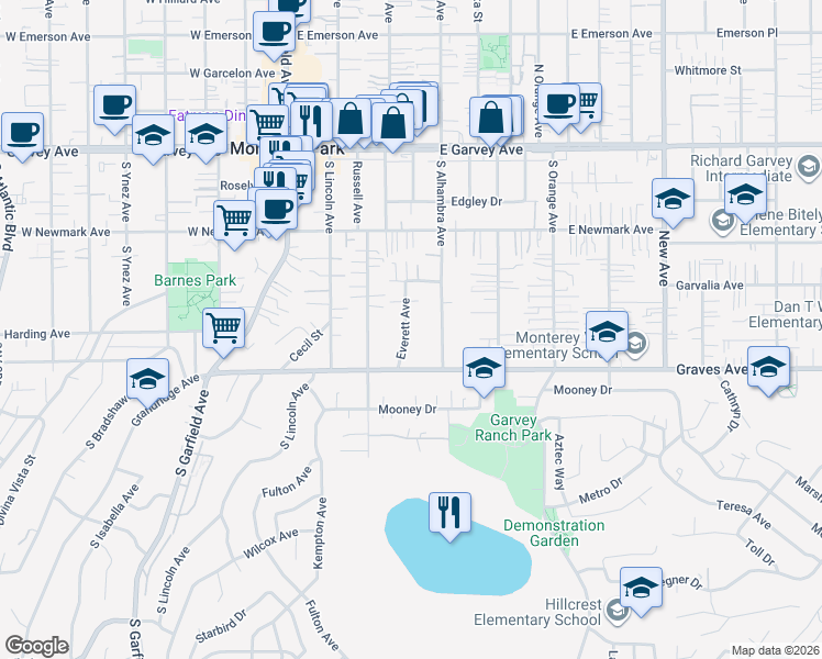 map of restaurants, bars, coffee shops, grocery stores, and more near 523 South Alhambra Avenue in Monterey Park