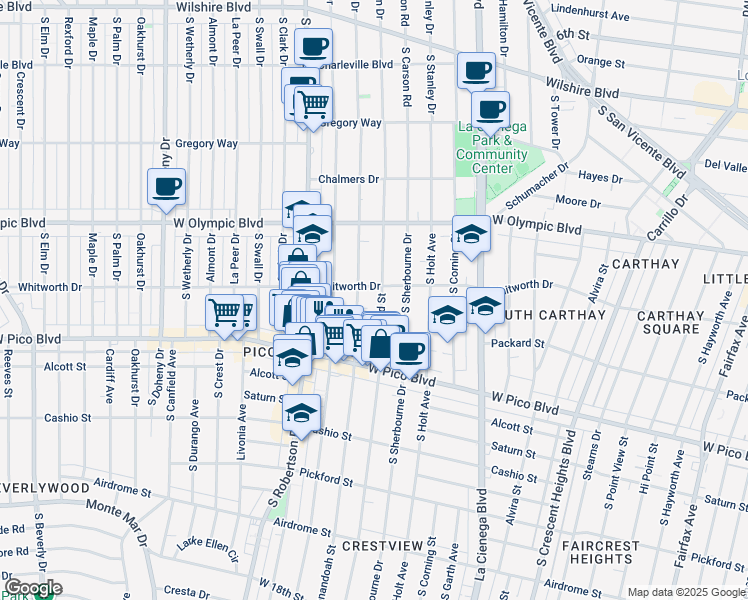 map of restaurants, bars, coffee shops, grocery stores, and more near 1117 South Bedford Street in Los Angeles