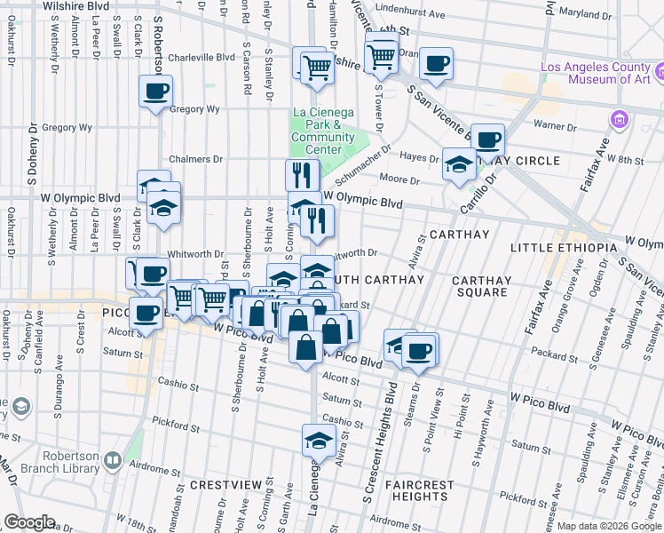 map of restaurants, bars, coffee shops, grocery stores, and more near 1109 South Alfred Street in Los Angeles