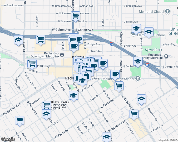 map of restaurants, bars, coffee shops, grocery stores, and more near 218 East State Street in Redlands