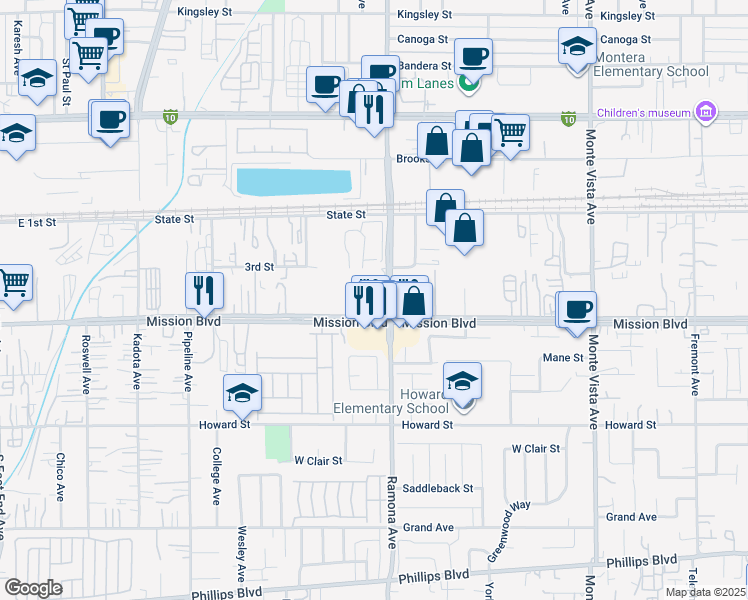 map of restaurants, bars, coffee shops, grocery stores, and more near Ramona Avenue in Montclair