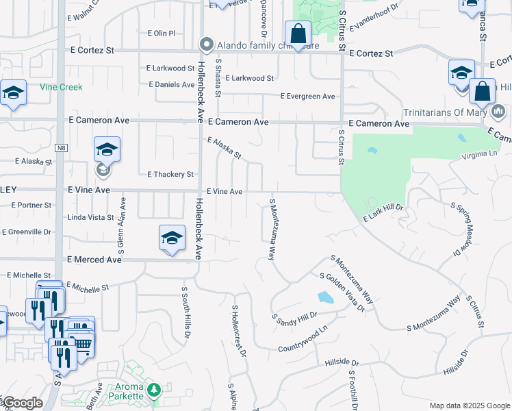 map of restaurants, bars, coffee shops, grocery stores, and more near in West Covina