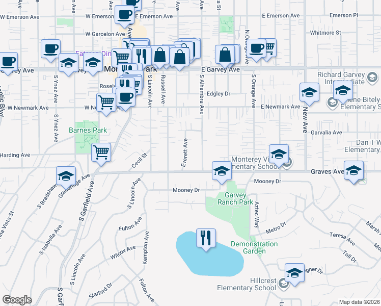 map of restaurants, bars, coffee shops, grocery stores, and more near 500 Everett Avenue in Monterey Park