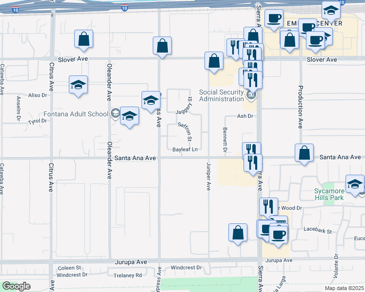map of restaurants, bars, coffee shops, grocery stores, and more near 16592 Bayleaf Lane in Fontana
