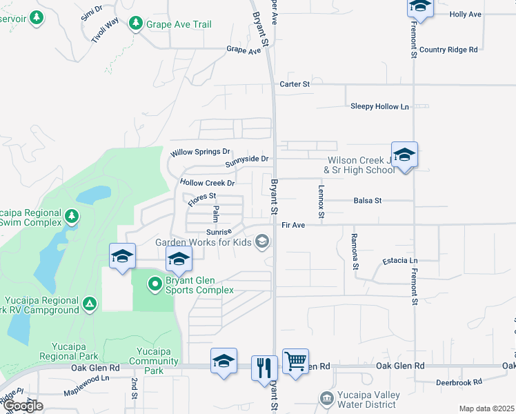 map of restaurants, bars, coffee shops, grocery stores, and more near 10771 Stacy Circle in Yucaipa