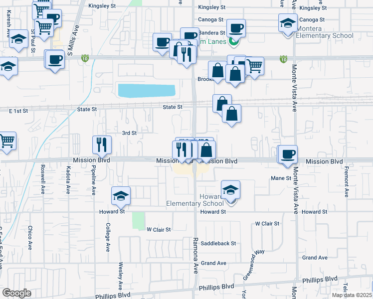 map of restaurants, bars, coffee shops, grocery stores, and more near 4449 Mission Boulevard in Montclair