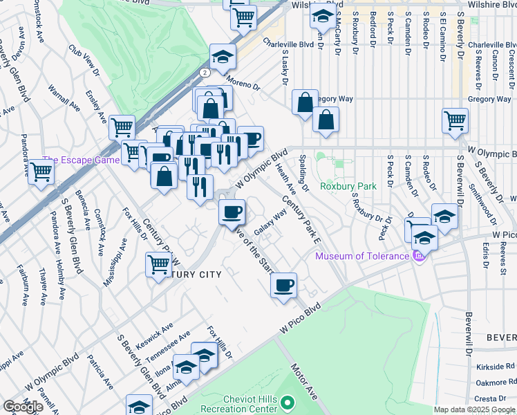 map of restaurants, bars, coffee shops, grocery stores, and more near 2102 Century Park Lane in Los Angeles