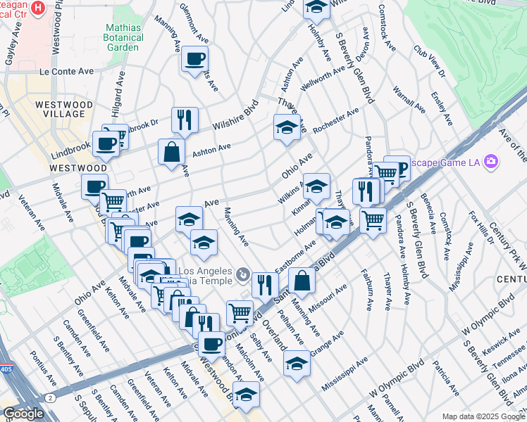 map of restaurants, bars, coffee shops, grocery stores, and more near 10633 Kinnard Avenue in Los Angeles