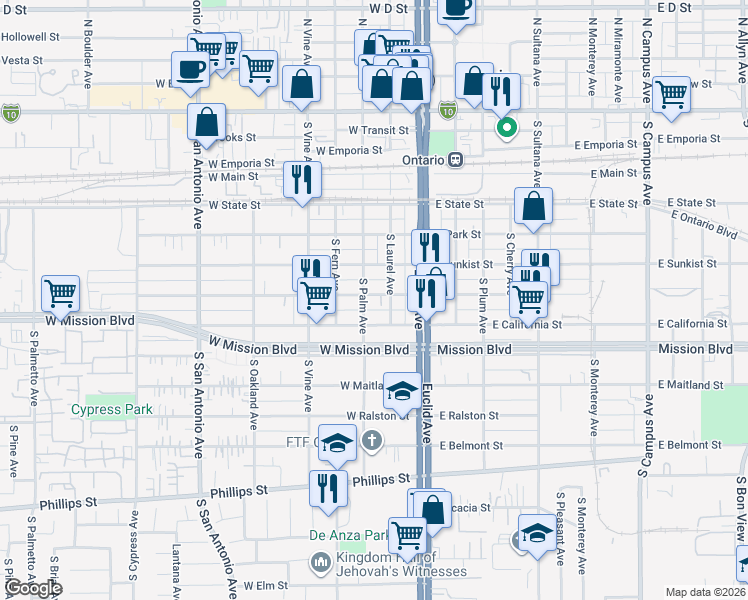 map of restaurants, bars, coffee shops, grocery stores, and more near 215 West Nevada Street in Ontario