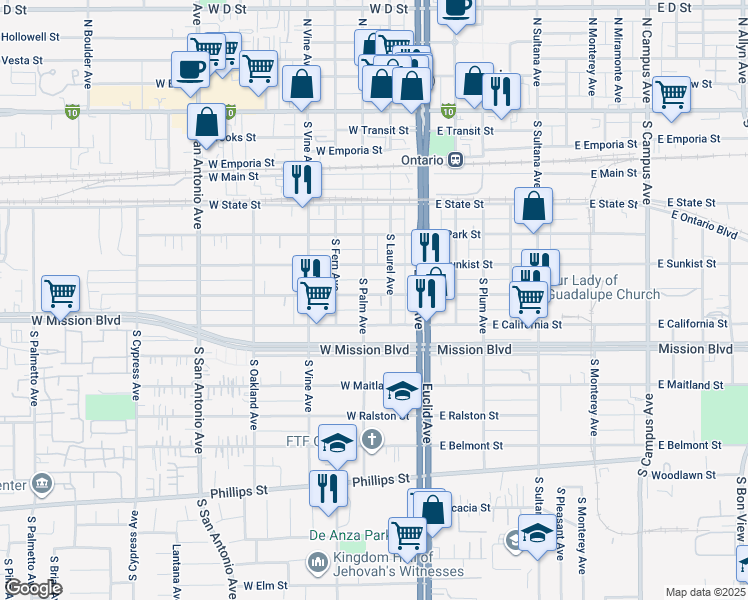 map of restaurants, bars, coffee shops, grocery stores, and more near 215 West Nevada Street in Ontario