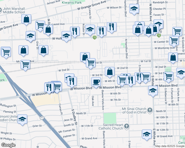 map of restaurants, bars, coffee shops, grocery stores, and more near 1375 West 3rd Street in Pomona