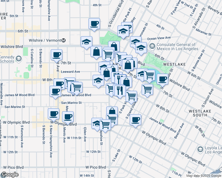 map of restaurants, bars, coffee shops, grocery stores, and more near 856 South Hoover Street in Los Angeles
