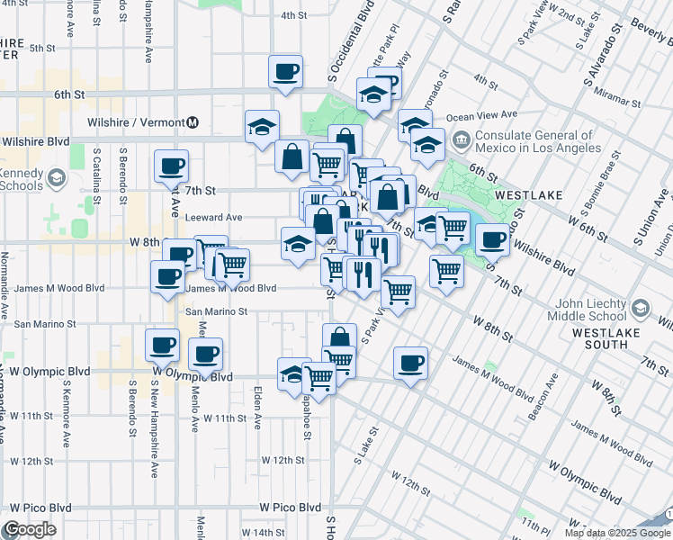 map of restaurants, bars, coffee shops, grocery stores, and more near 834 South Hoover Street in Los Angeles