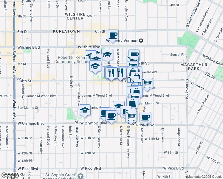 map of restaurants, bars, coffee shops, grocery stores, and more near 836 South Catalina Street in Los Angeles