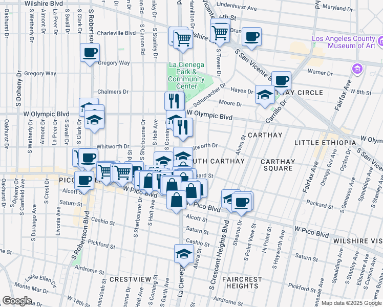 map of restaurants, bars, coffee shops, grocery stores, and more near 1107 South Alfred Street in Los Angeles