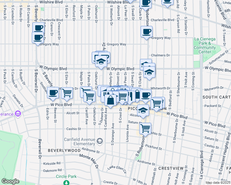 map of restaurants, bars, coffee shops, grocery stores, and more near 1115 South Crest Drive in Los Angeles