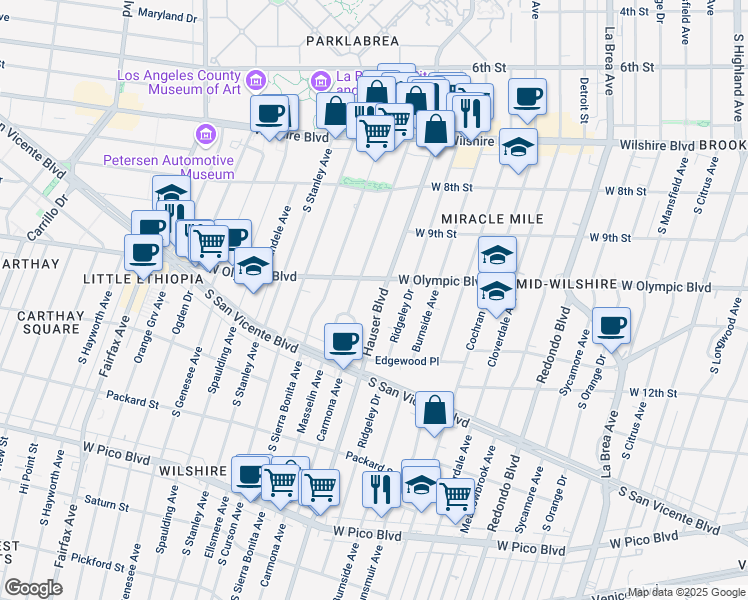 map of restaurants, bars, coffee shops, grocery stores, and more near 1025 Hauser Boulevard in Los Angeles