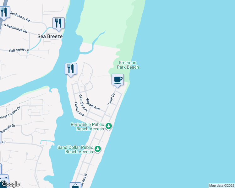 map of restaurants, bars, coffee shops, grocery stores, and more near 1717 Carolina Beach Avenue North in Carolina Beach