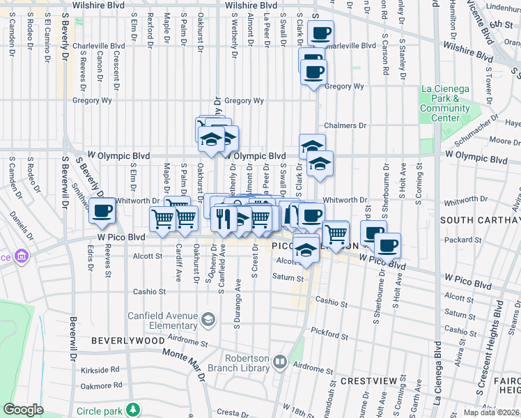 map of restaurants, bars, coffee shops, grocery stores, and more near 1115 South La Peer Drive in Los Angeles